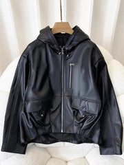 Genuine Leather Loose Hooded Jacket