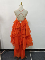 Solid Spliced Ruffles Halter Sleeveless High Wasit Backless Loose Dress