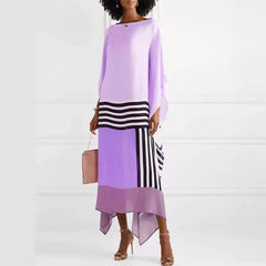 Retro Striped Print Patchwork Irregular Spring Batwing Sleeve Loose Long Dress