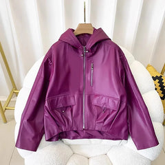 Genuine Leather Loose Hooded Jacket