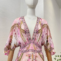 Silk Diamonds Pink Floral Print Half Sleeve Elastic High Waist Dress