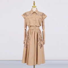 Hollow Out Chic Two Piece Sets Lapel Short Sleeve Spliced Button Tops High Waist Long Skirt Elegant Set