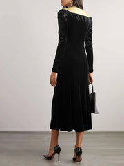 Black Velvet A-line Long Sleeves Solid Color Deep V-Neck Midi Dresses