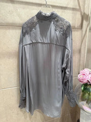 Hollow Out Lace Embroidery Turn-down Collar Single Breasted Long Sleeve Silk Top
