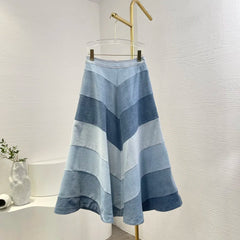 Blue Short Sleeve Jeans Denim Blouse Tops and Midi Skirt Set