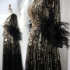 Luxury Feathers Black Half Sleeve Dress