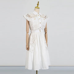Hollow Out Chic Two Piece Sets Lapel Short Sleeve Spliced Button Tops High Waist Long Skirt Elegant Set