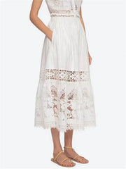 Embroidery Hollow Out Set O-Neck Sleeveless Single Breasted Blouse or Sweet A-Line Midi Skirt Set