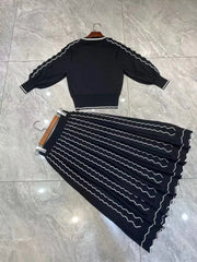 Long Sleeve Knitted Hollow Top Wave Half Skirt Two Pieces Set
