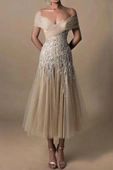 Champagne Elegant Vine Embroidery Off Shoulder Dress