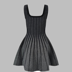 Sleeveless O-neckline Mini Short Knitted A-line Striped Dress