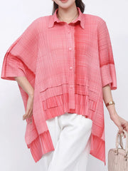 Solid Straight Grid Stand Collar Long Sleeve Patchwork Button Top
