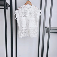 Embroidery Hollow Out Set O-Neck Sleeveless Single Breasted Blouse or Sweet A-Line Midi Skirt Set