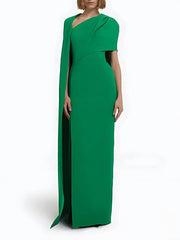 Floor Length Gown Draped Cape One Shoulder With High Slit Dress