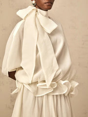Solid Loose Spliced Bow Tunic Half High Neck Short Sleeves Patchwork Ruffles Dress
