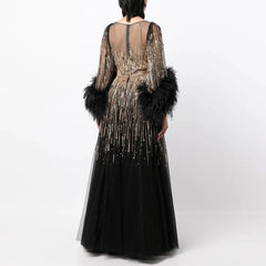 Luxury Feathers Black Half Sleeve Dress
