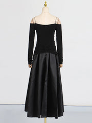 Elegant Patchwork Metal Strapless Off Shoulder Sleeve High Waist Dress