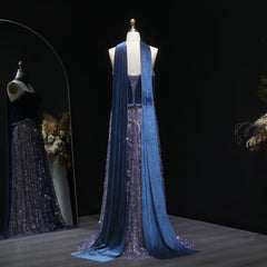 Luxury Beaded Blue Velvet Two-Piece with Scarf Evening Dress