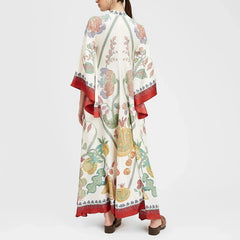 Ethnic Retro Spring Print Boho Long  Stand Collar Lace-up Party Long Sleeve Loose  Maxi Dress