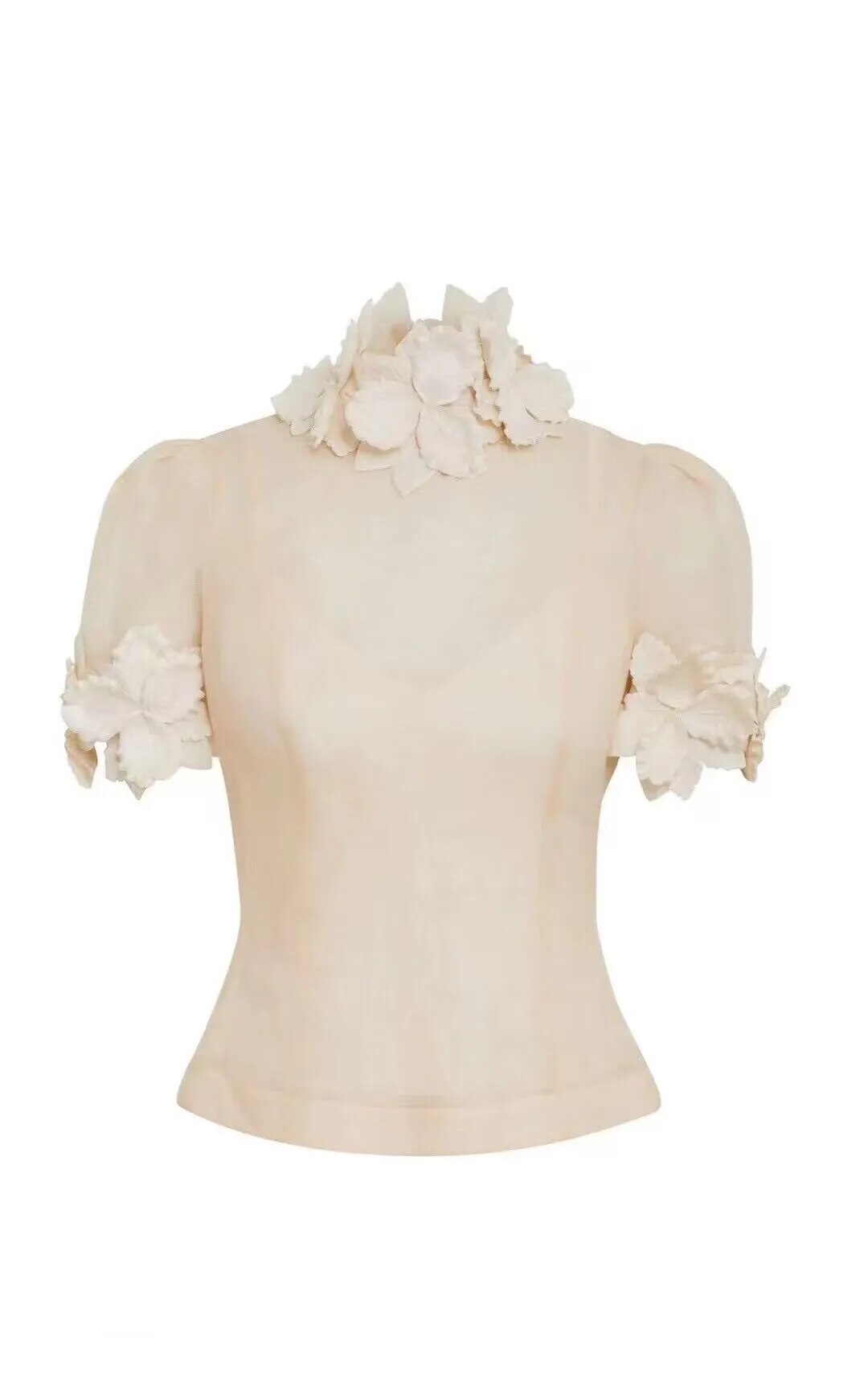 Silk linen A line skirt buff sleeves flower appliques Set