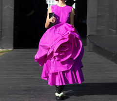 Ruffles Ankle Length Floral Purple Backless Dress