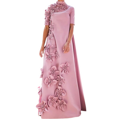 High Neck 3D Flowers Crepe Half Sleeve Floor-Length Gown