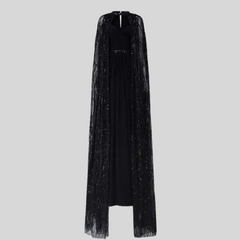 Shiny Lace Shawl Gown Elegant Floor Length Black Dress