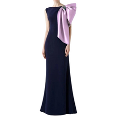 Navy Blue Satin Mermaid  with Lilac Bow Formal Dress