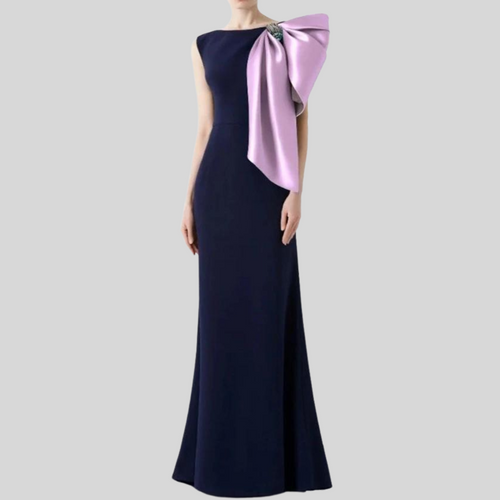 Navy Blue Satin Mermaid  with Lilac Bow Formal Dress