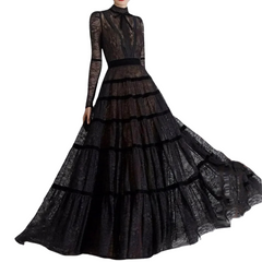 Elegant Black A-line Luxury Lace Tiered Dress