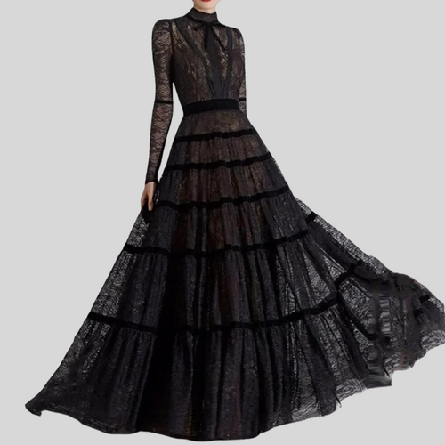 Elegant Black A-line Luxury Lace Tiered Dress