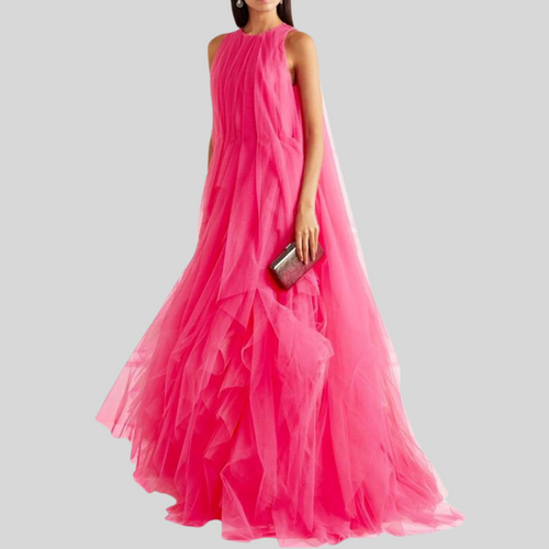 Pleated Tulle Sleeveless Tiered Fluffy Mesh Maxi Dress