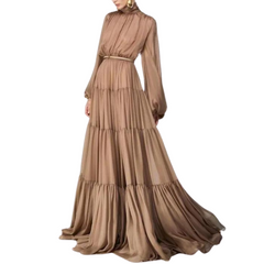 Khaki Gowns with Loose Sleeves Draped Chiffon Long Elegant Floor Length Dress