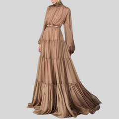 Khaki Gowns with Loose Sleeves Draped Chiffon Long Elegant Floor Length Dress