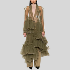 Army Green Tulle See Through Ruffle Dress