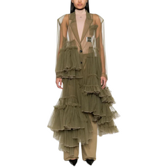Army Green Tulle See Through Ruffle Dress