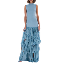 Elegant Blue Ruffled Chiffon High Neck Stretch Silk Dress