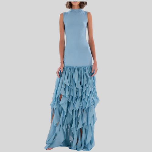 Elegant Blue Ruffled Chiffon High Neck Stretch Silk Dress