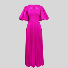 Round Neck Hollow Out Elegant Lantern Short-Sleeved High-Waisted Pleated Maxi Dress