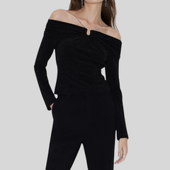 One-shoulder Chain Silver Silk Top