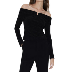 One-shoulder Chain Silver Silk Top