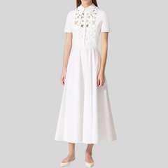 lapel hollow three-dimensional flowers short-sleeved cotton long dress