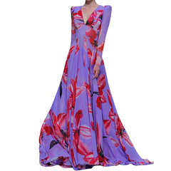 Maxi V-Neck High Waist Flower Printed Long Dress