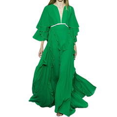 Long Butterfly Sleeve High Waist Ruffle Green Dress