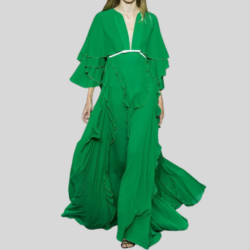 Long Butterfly Sleeve High Waist Ruffle Green Dress