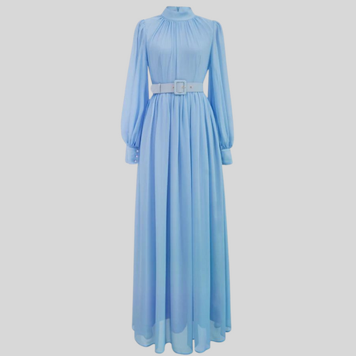 Blue Long Lantern Sleeve With Belt Elegant Slim A-Line Dress