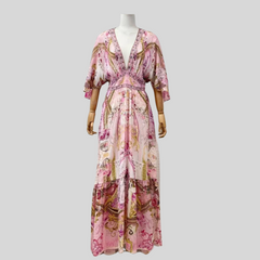 Silk Diamonds Pink Floral Print Half Sleeve Elastic High Waist Dress