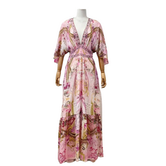 Silk Diamonds Pink Floral Print Half Sleeve Elastic High Waist Dress