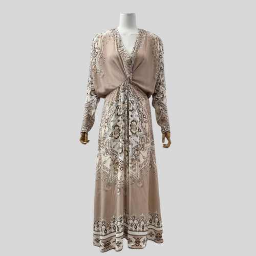 High Quality Floral Paisley Print Diamonds Pressed Long Sleeve V Neck Midi Dress