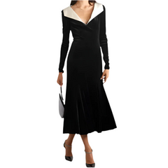 Black Velvet A-line Long Sleeves Solid Color Deep V-Neck Midi Dresses